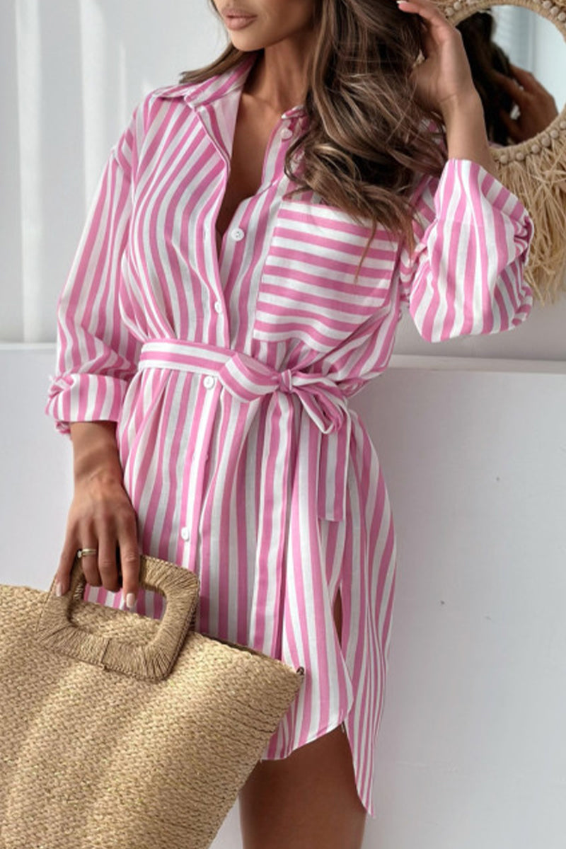 Casual Striped Print Lace Up Buttons Turndown Collar Shirt Dresses(5 Colors) Pink