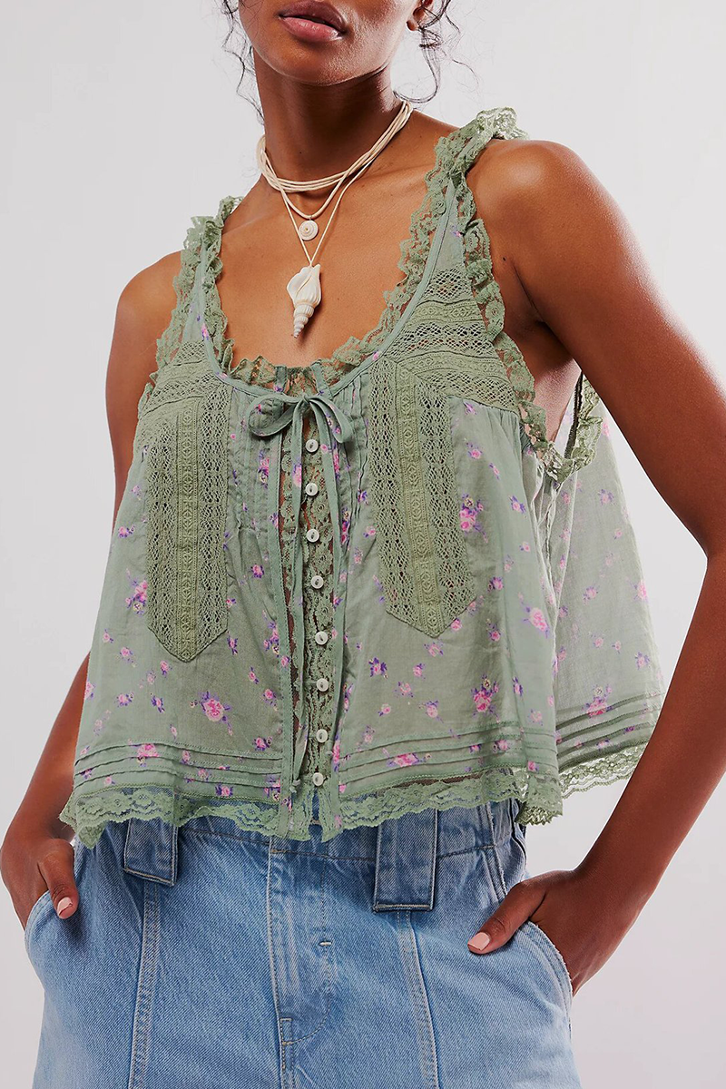 Sexy Flowers Print Hollow Out Lace Up V Neck Tops(3 Colors) Ink Green