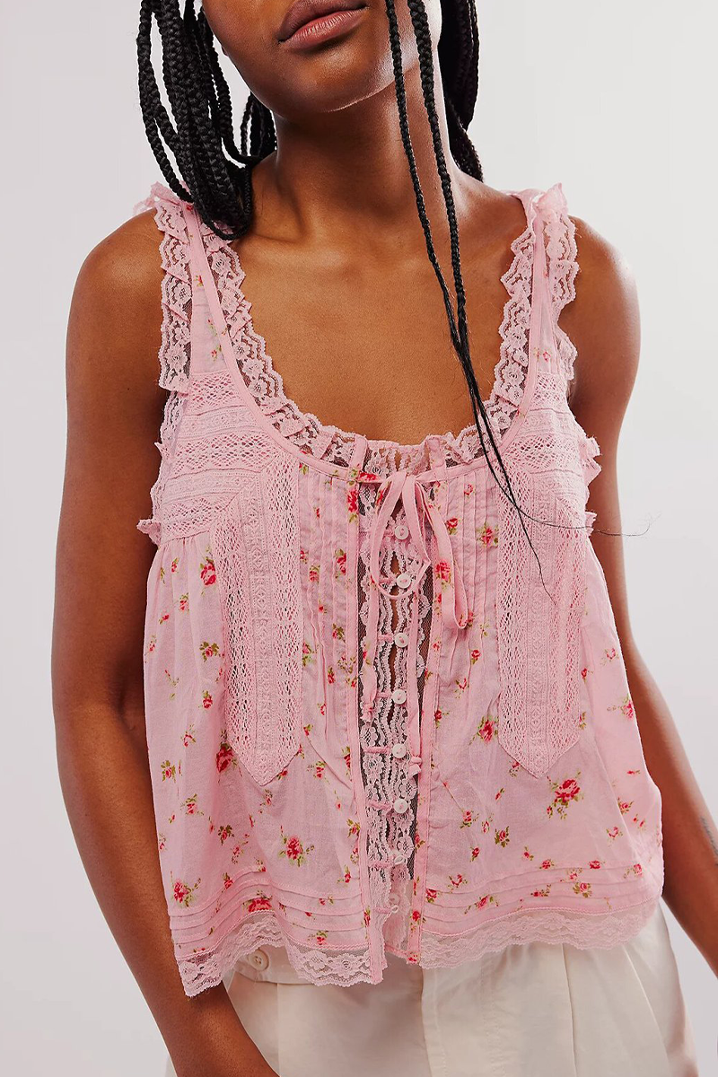 Sexy Flowers Print Hollow Out Lace Up V Neck Tops(3 Colors) Pink