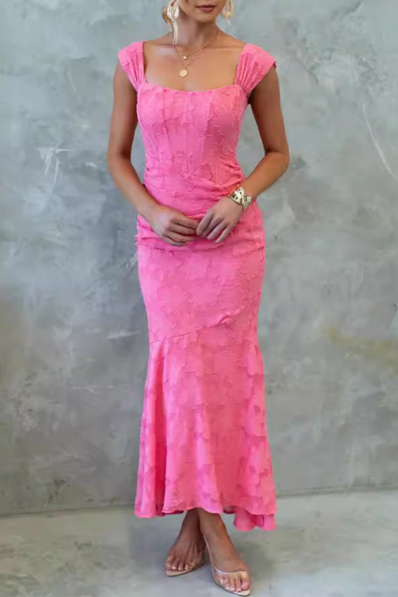 Elegant Solid Color Texture Square Neck Fishtail Dresses