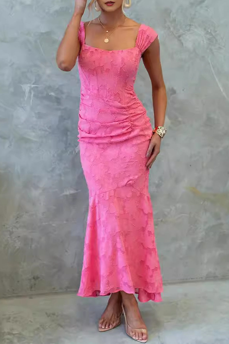 Elegant Solid Color Texture Square Neck Fishtail Dresses Pink