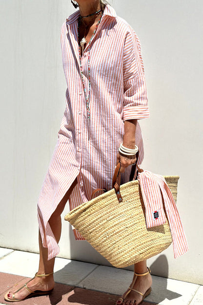 Casual Plaid Striped Print Buttons With Belt Turndown Collar Shirt Dresses(5 Colors) Pink