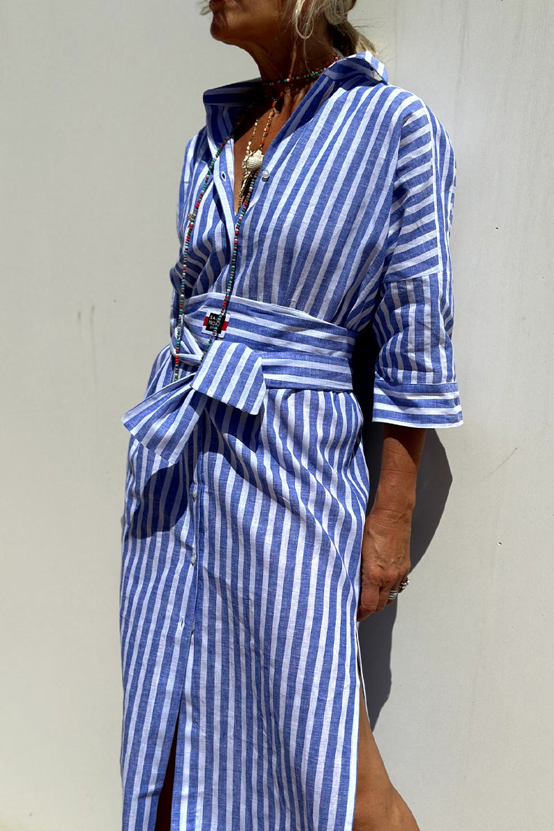 Casual Plaid Striped Print Buttons With Belt Turndown Collar Shirt Dresses(5 Colors) Blue