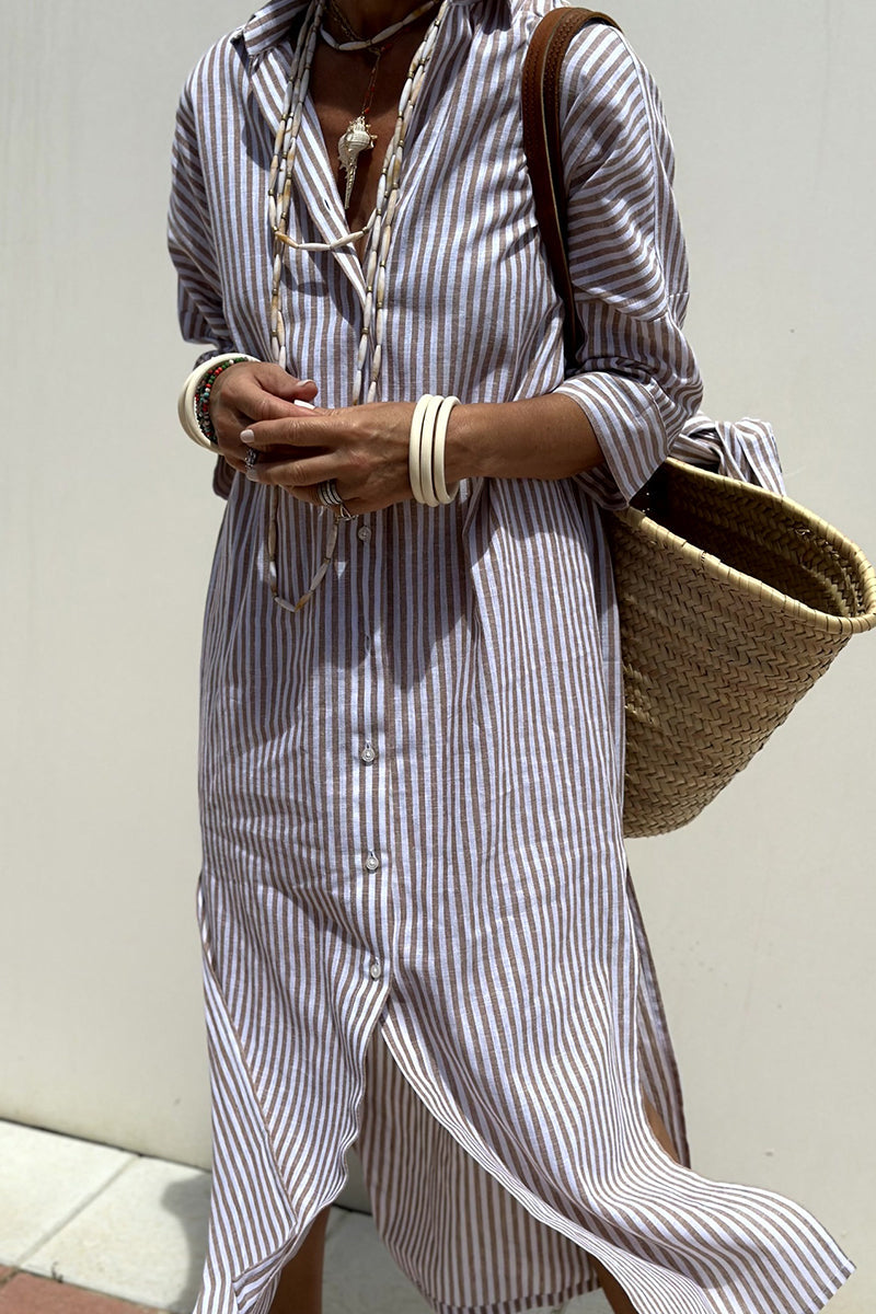 Casual Plaid Striped Print Buttons With Belt Turndown Collar Shirt Dresses(5 Colors) Light Brown