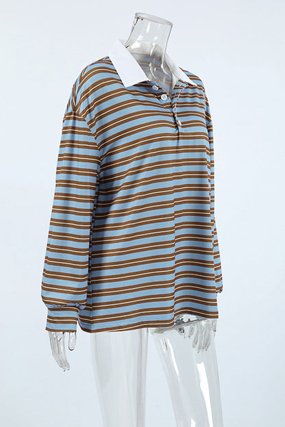 Casual Daily Striped Print Buttons Contrast Turndown Collar Tops