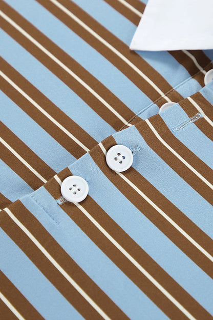 Casual Daily Striped Print Buttons Contrast Turndown Collar Tops