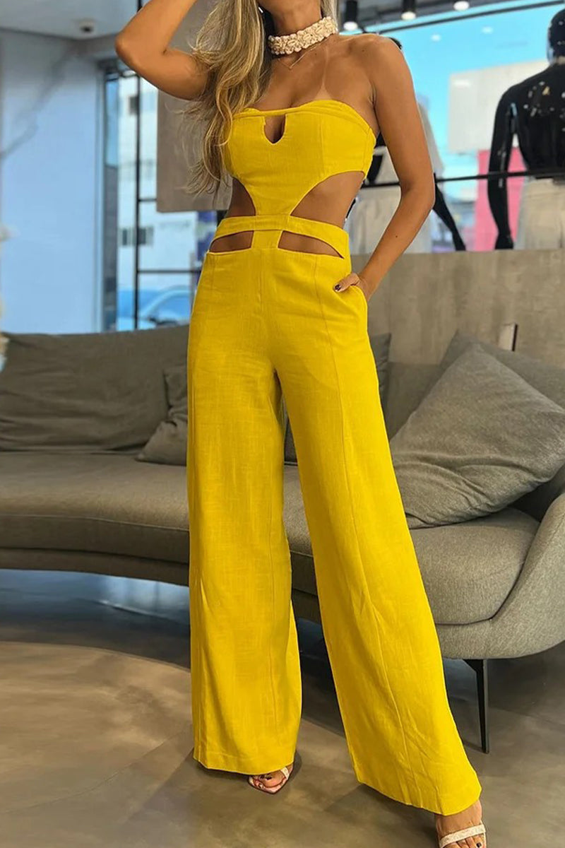 Sexy Daily Solid Color Hollow Out Pocket Strapless Skinny Jumpsuits Yellow