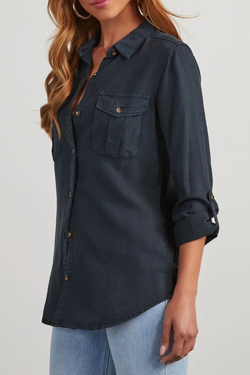 Casual Daily Solid Color Pocket Buttons Turndown Collar Tops