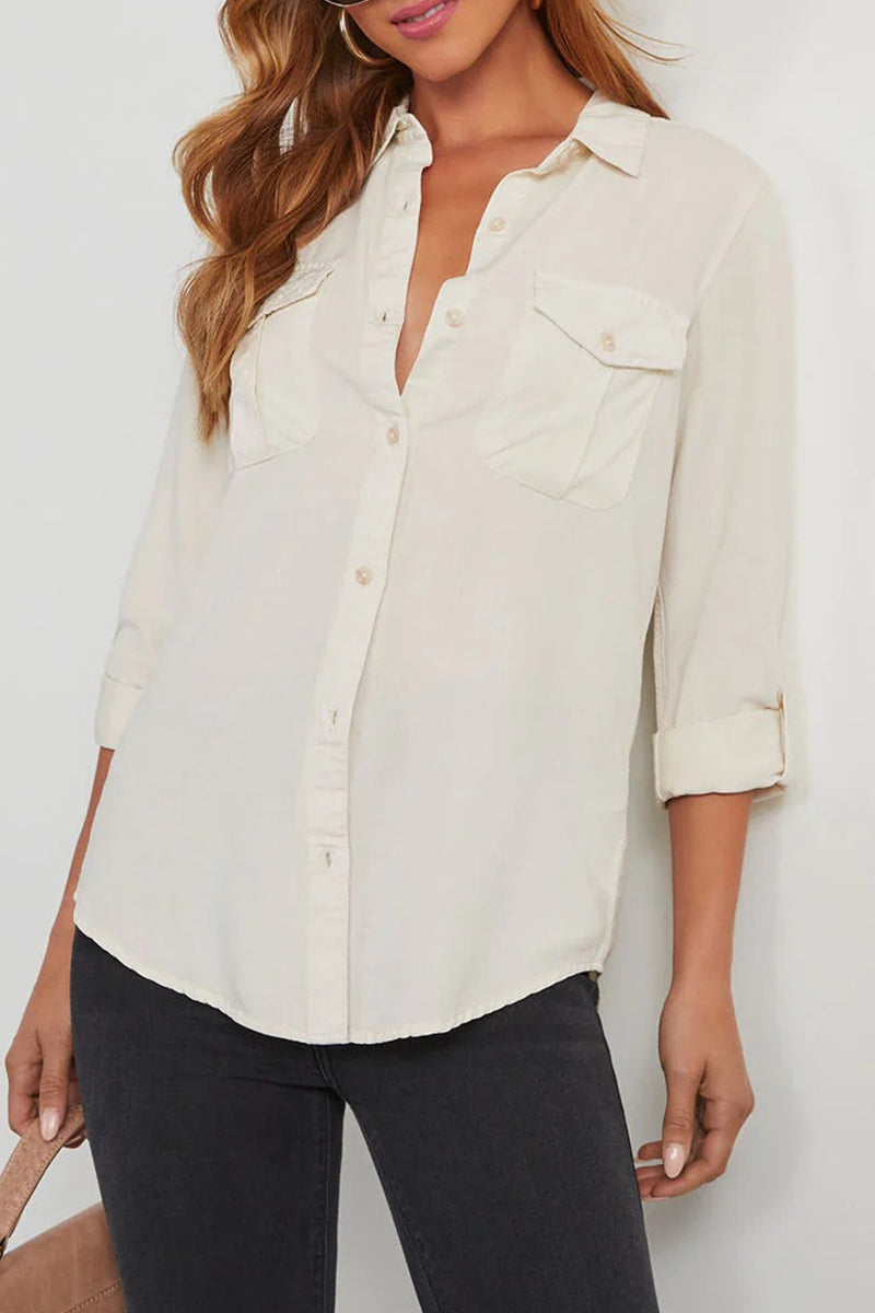 Casual Daily Solid Color Pocket Buttons Turndown Collar Tops Milky