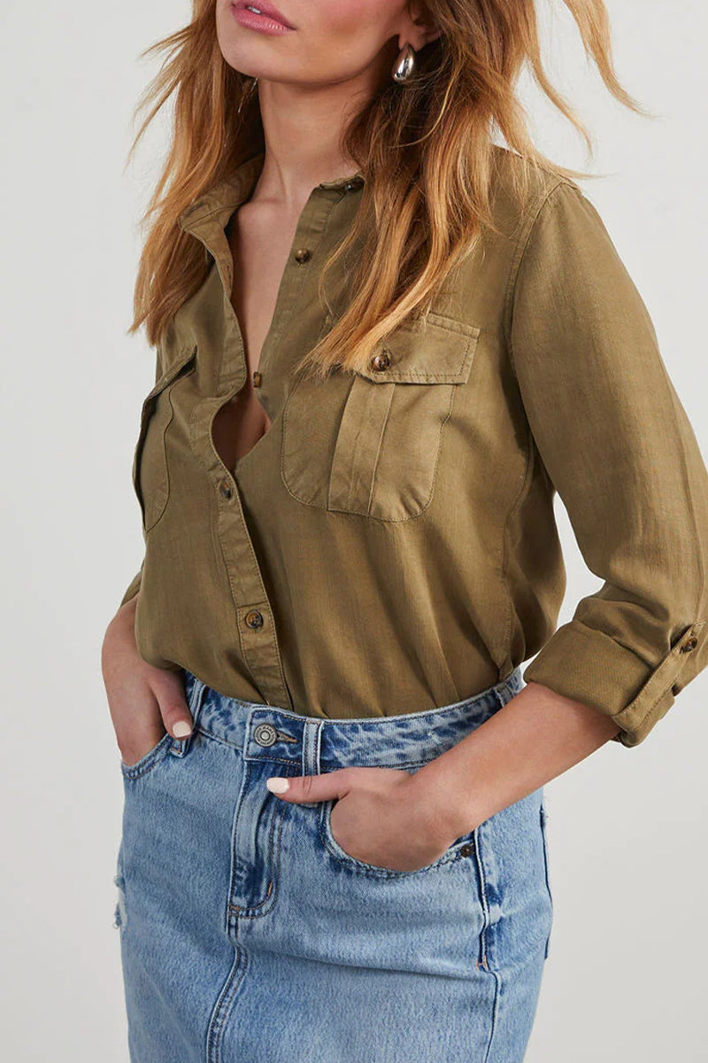 Casual Daily Solid Color Pocket Buttons Turndown Collar Tops