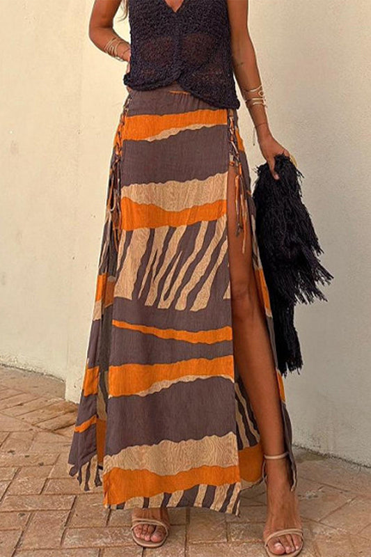 Casual Vacation Striped Print Lace Up Slit Contrast Loose High Waist Type A Full Print Bottoms Orange