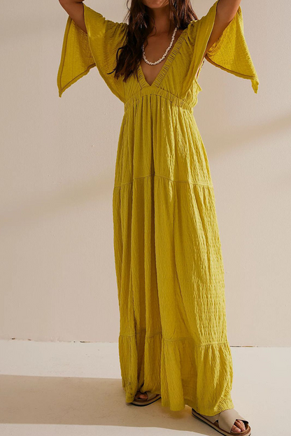 Sexy Solid Color Backless V Neck Irregular Dresses Lemon Yellow