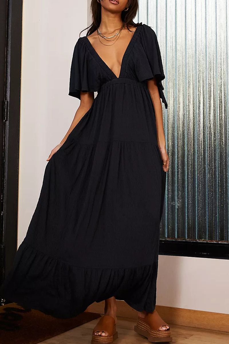 Sexy Solid Color Backless V Neck Irregular Dresses Black