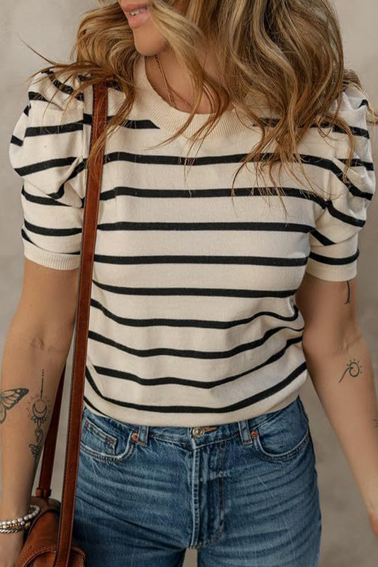 Casual Stripe Ruched Weave O Neck T-Shirts