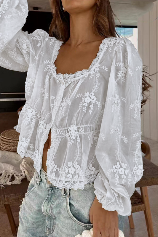 Sexy Daily Solid Color Embroidered Buttons See-Through U Neck Blouses