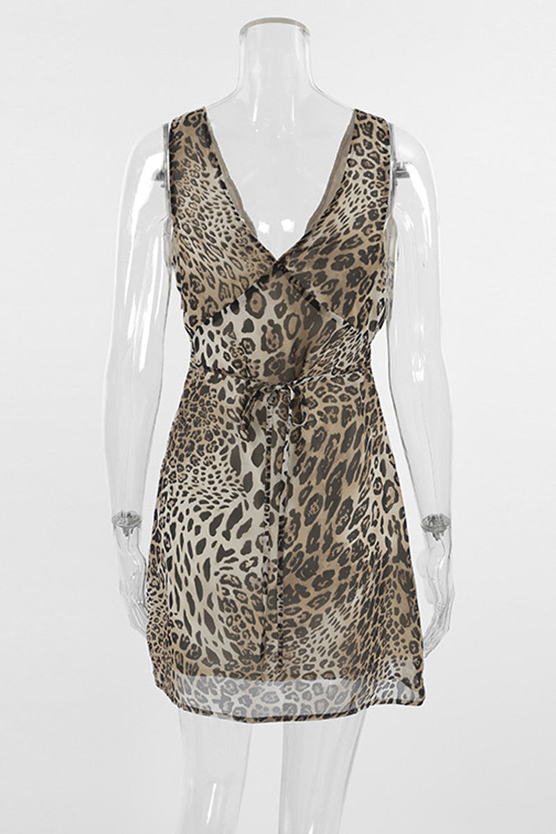 Sexy Leopard Print Contrast V Neck A Line Dresses