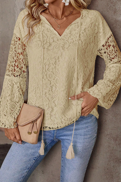 Casual Solid Color Lace Fringed Trim Hollow Out V Neck Tops