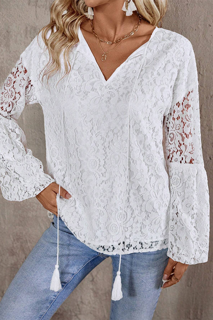 Casual Solid Color Lace Fringed Trim Hollow Out V Neck Tops