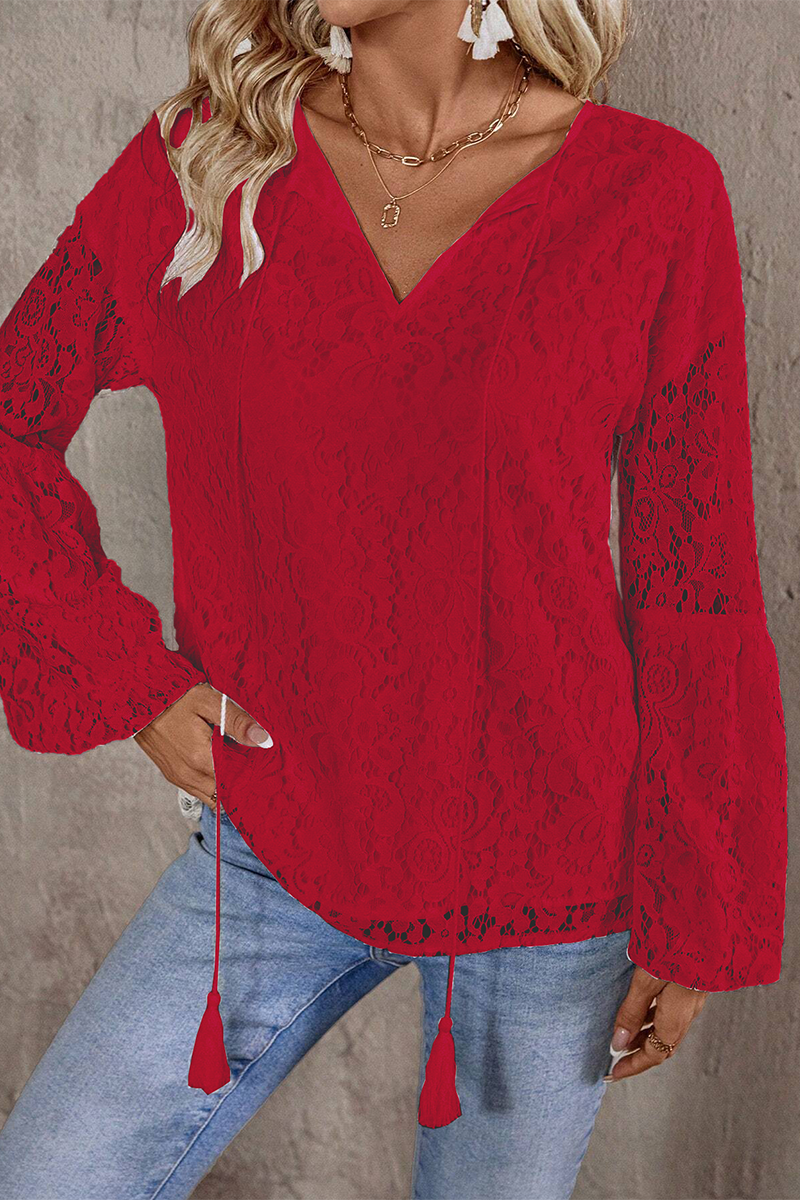 Casual Solid Color Lace Fringed Trim Hollow Out V Neck Tops