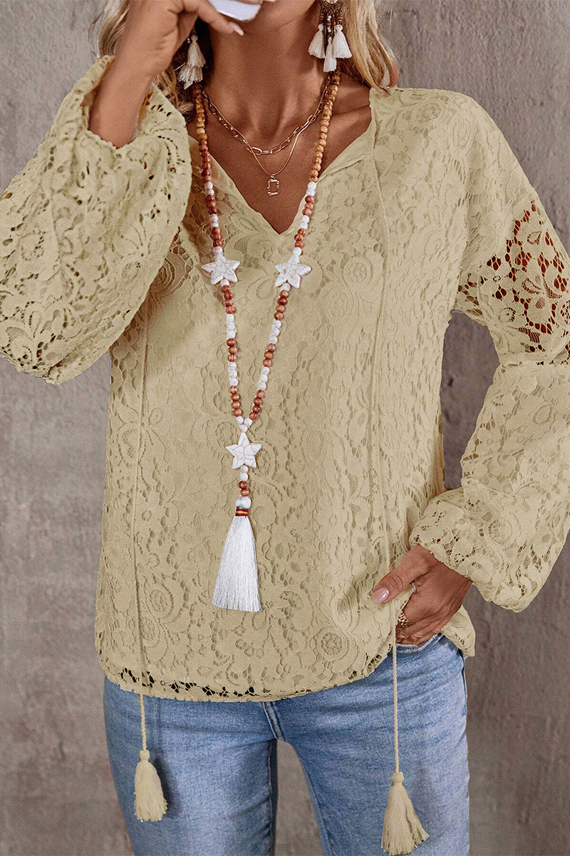 Casual Solid Color Lace Fringed Trim Hollow Out V Neck Tops