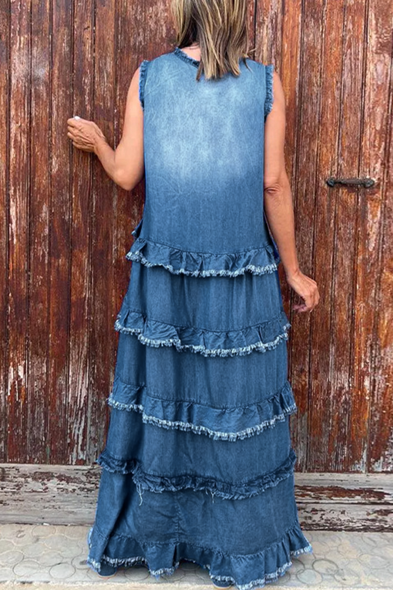 Casual Solid Color Distressed Ruffle V Neck Sleeveless Loose Denim Dresses