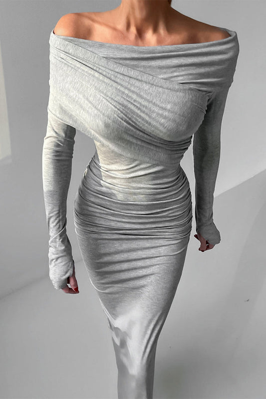 Sexy Solid Color Ruched Irregular Off Shoulder Wrapped Skirt Dresses