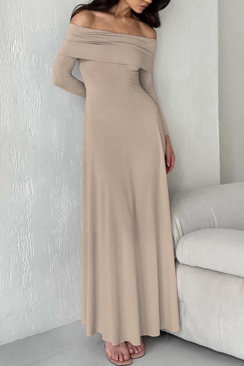 Elegant Solid Color Ruched Off Shoulder Long Dresses