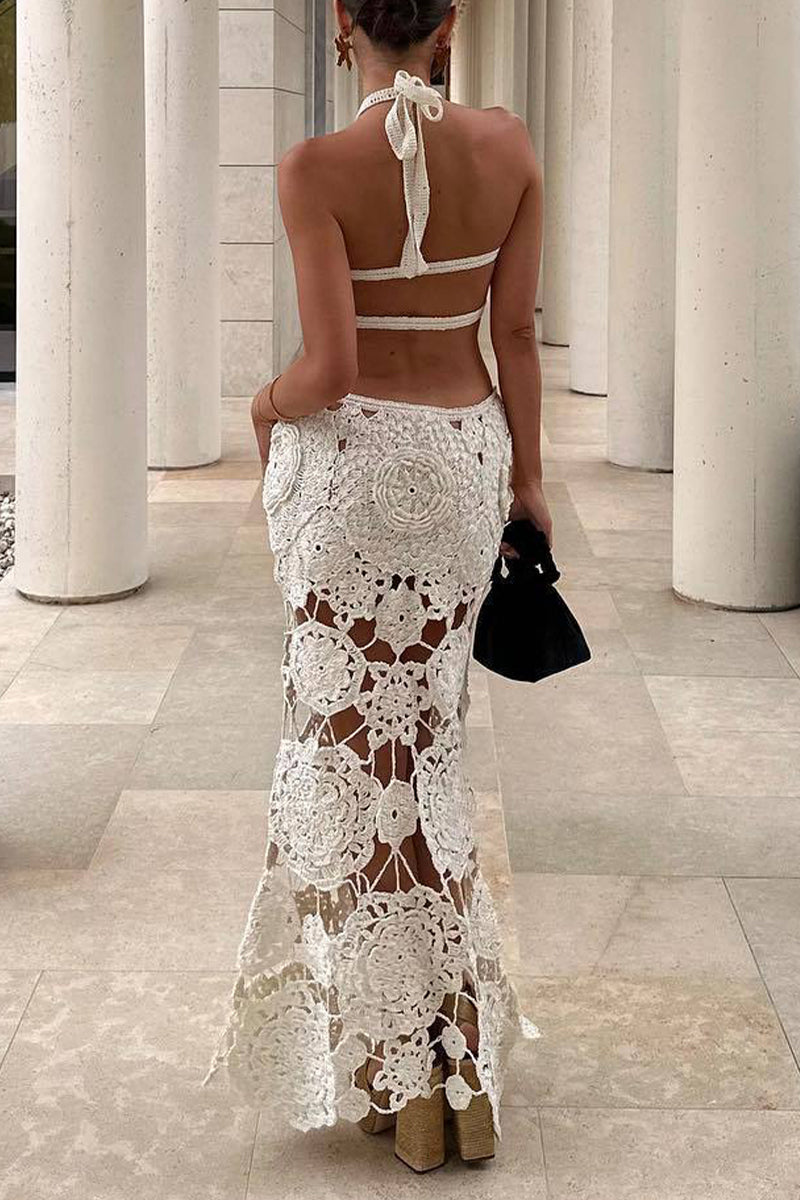 Sexy Solid Color Hollow Out Lace Up Backless Halter One Step Skirt Dresses