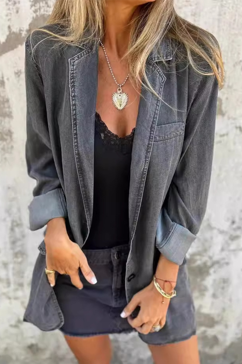 Casual Daily Solid Color Buttons Patchwork Turn-back Collar Long Sleeve Loose Denim Jacket(4 Colors)