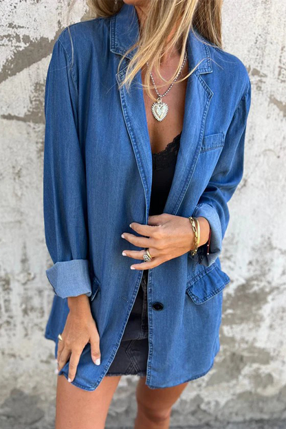 Casual Daily Solid Color Buttons Patchwork Turn-back Collar Long Sleeve Loose Denim Jacket(4 Colors)