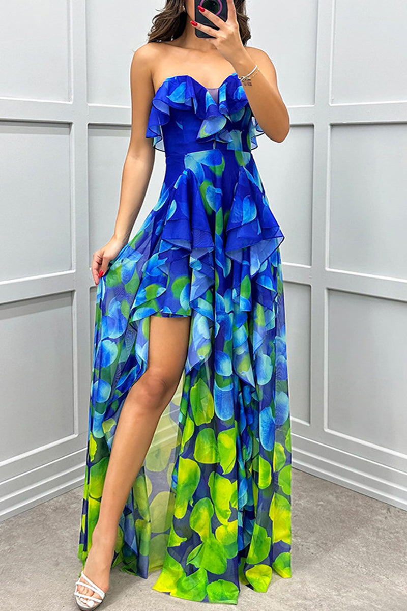 Sexy Gradient Print Ruffle Slit Strapless Irregular Dresses(3 Colors)