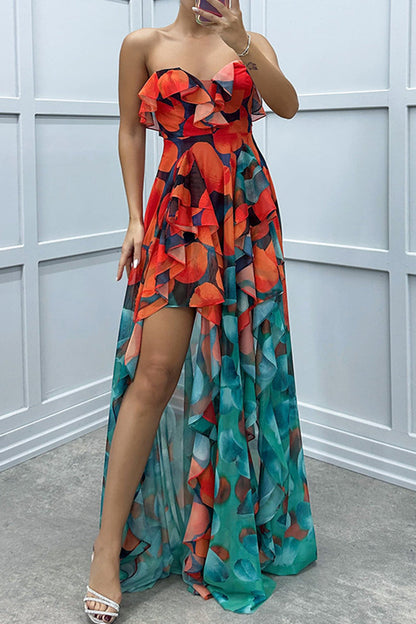 Sexy Gradient Print Ruffle Slit Strapless Irregular Dresses(3 Colors)