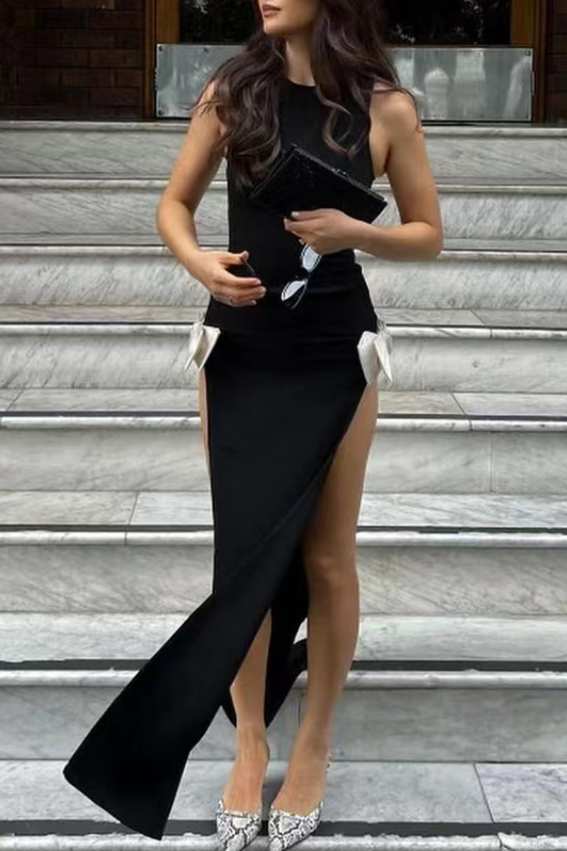 Sexy Solid Color Slit Bow Decor O Neck Evening Dresses