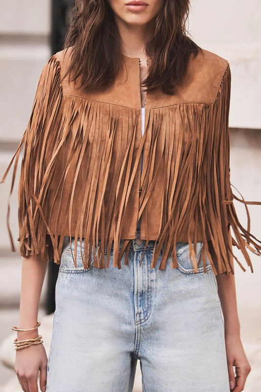 Casual Street Solid Color Fringed Trim O Neck Tops