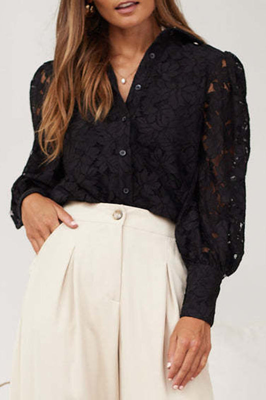 Sexy Solid Color Lace Hollow Out Turndown Collar Tops