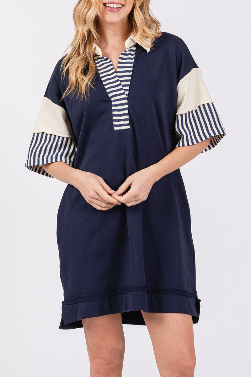 Casual Stripe Pocket Patchwork Turndown Collar Short Sleeve Short Sleeve Dress(5 Colors)