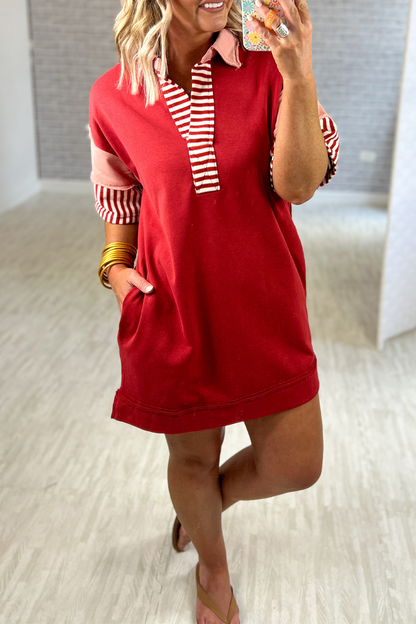 Casual Stripe Pocket Patchwork Turndown Collar Short Sleeve Short Sleeve Dress(5 Colors)