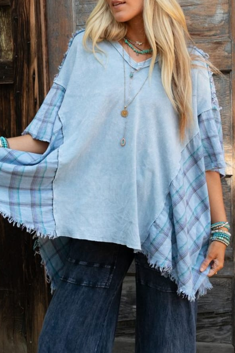 Casual Plaid Distressed Patchwork Contrast V Neck T-Shirts