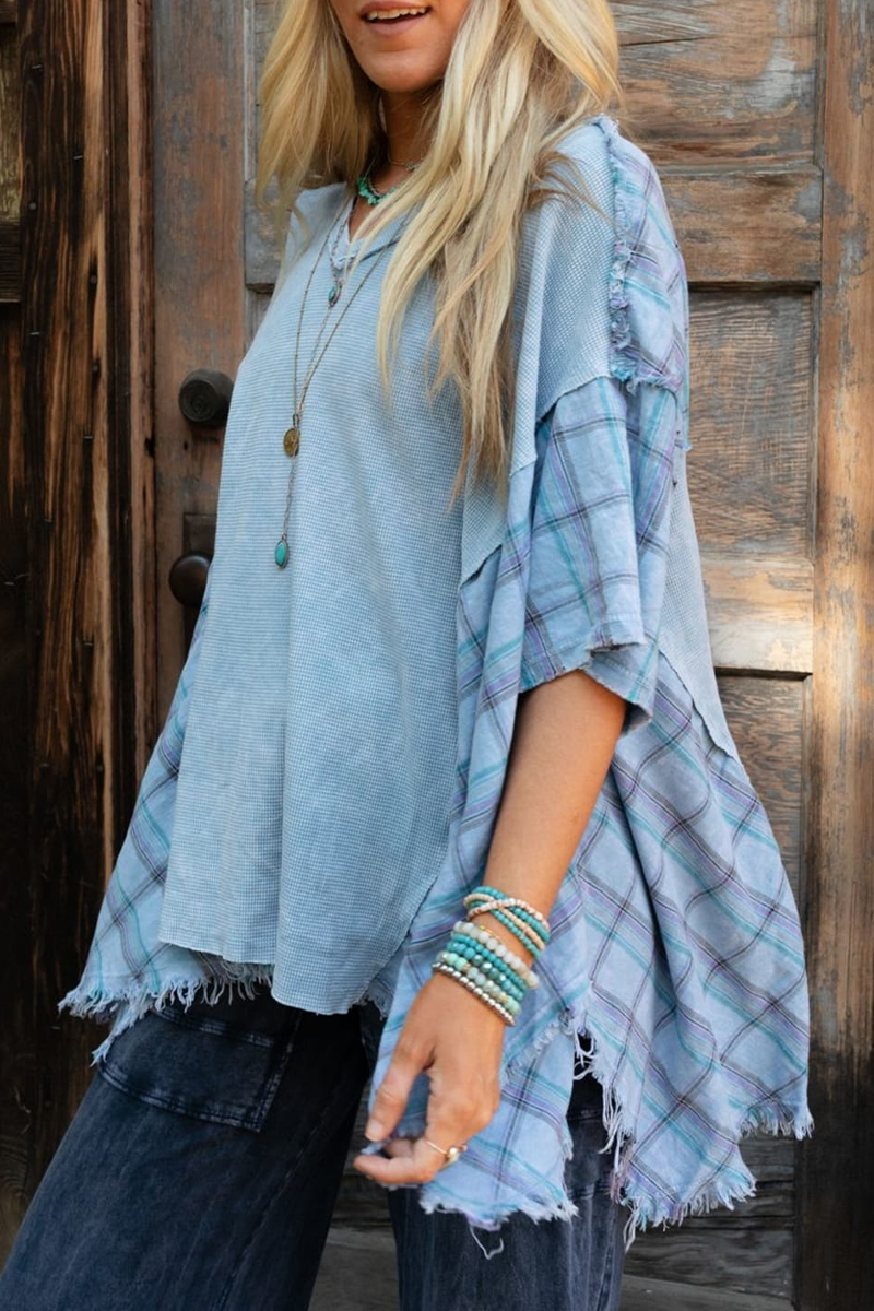 Casual Plaid Distressed Patchwork Contrast V Neck T-Shirts