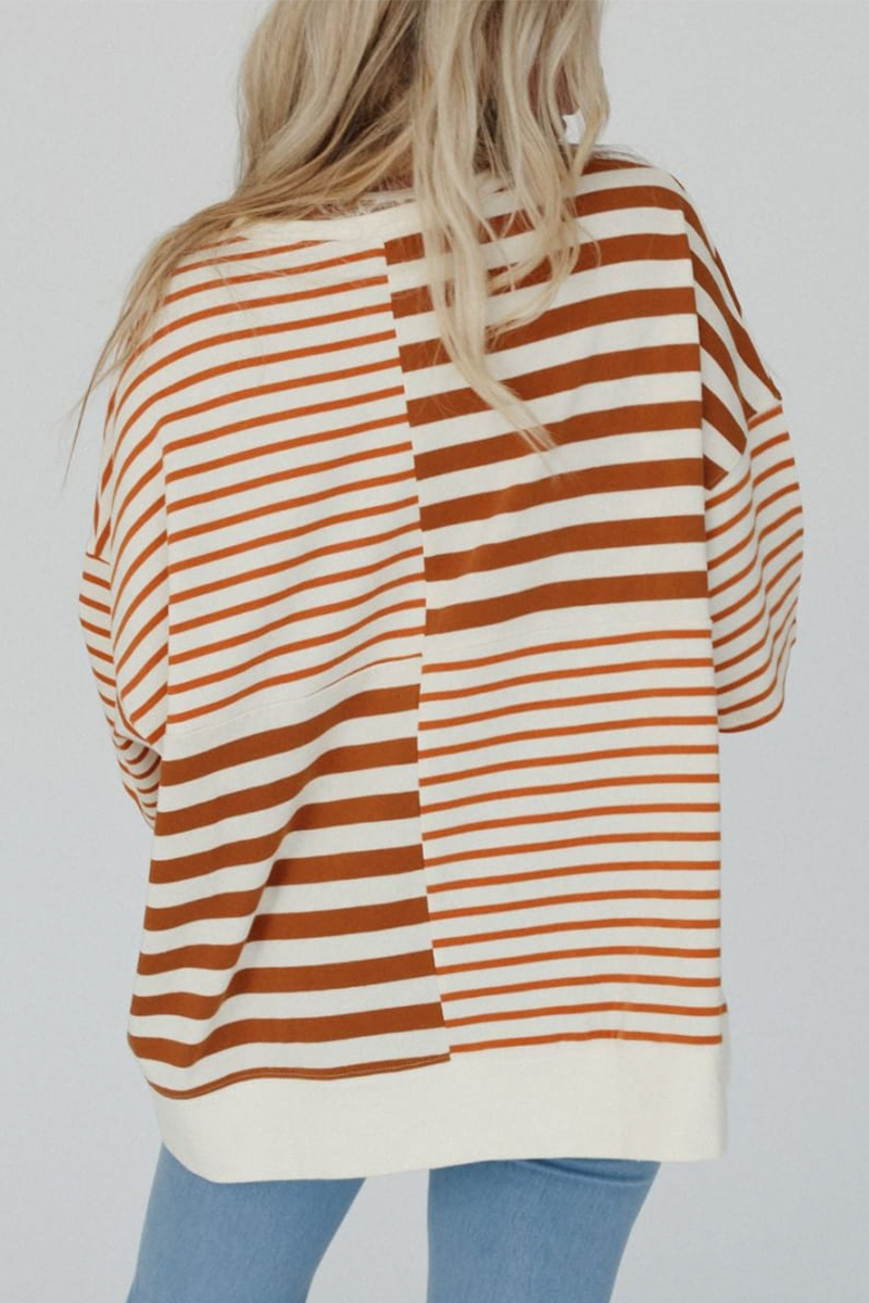 Casual Stripe Buttons Patchwork Contrast O Neck T-Shirts