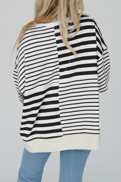 Casual Stripe Buttons Patchwork Contrast O Neck T-Shirts