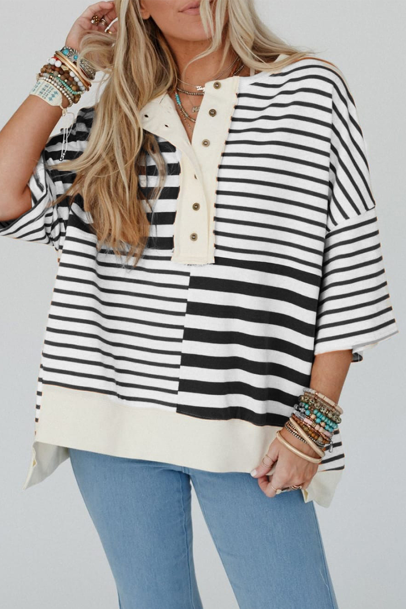 Casual Stripe Buttons Patchwork Contrast O Neck T-Shirts