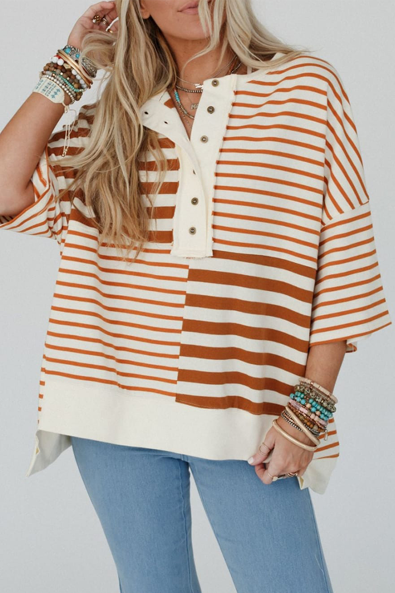 Casual Stripe Buttons Patchwork Contrast O Neck T-Shirts