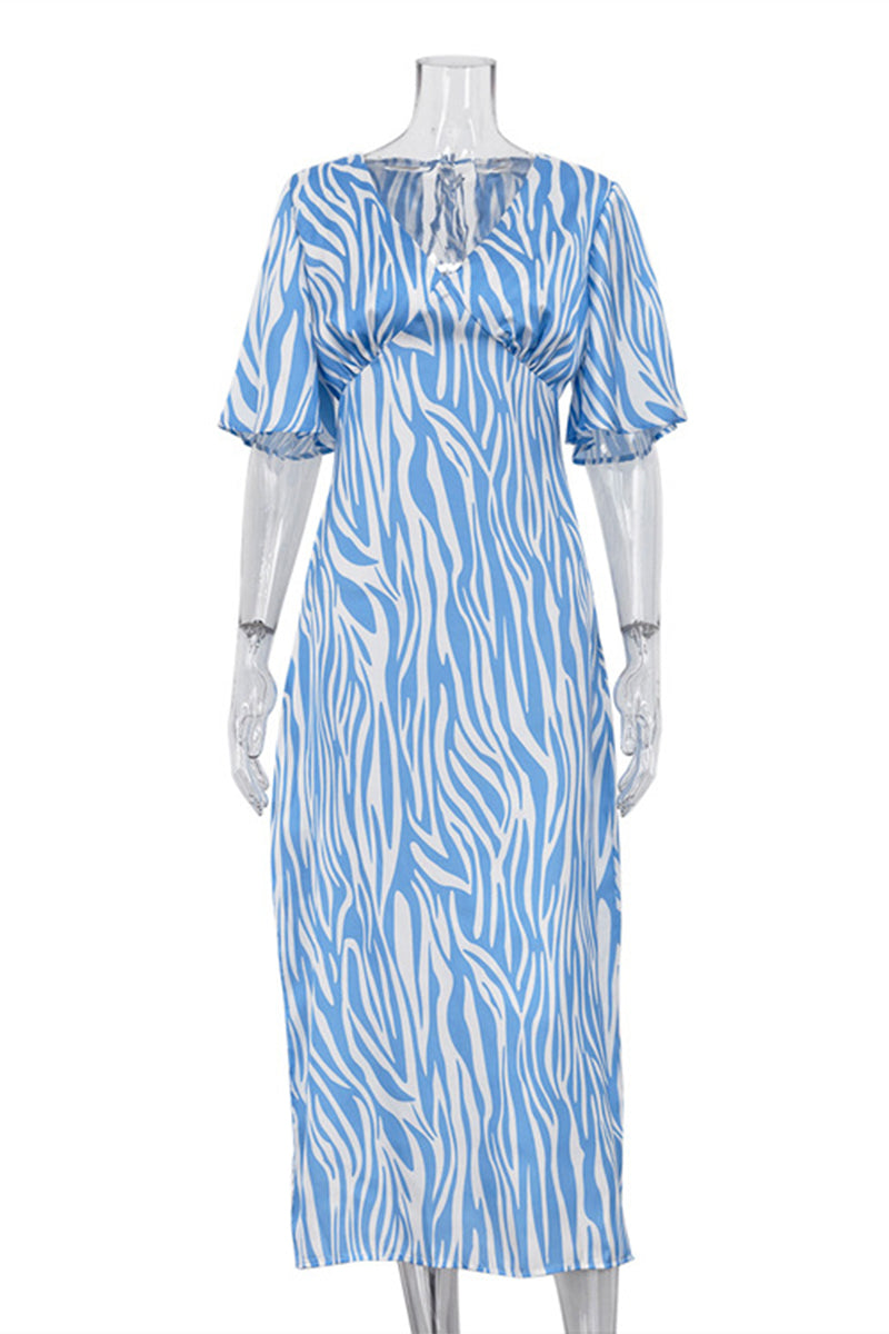 Elegant Zebra Print Contrast V Neck A Line Dresses