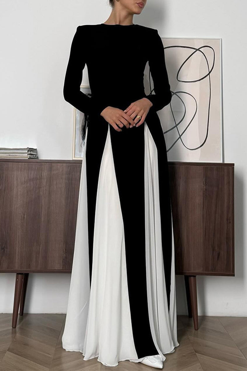 Elegant Solid Color Contrast O Neck Long Dresses