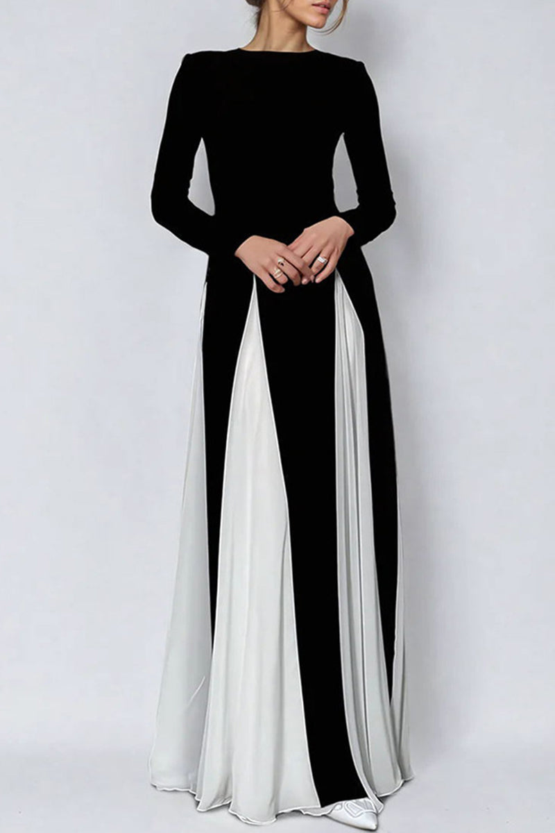 Elegant Solid Color Contrast O Neck Long Dresses