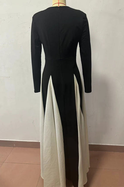 Elegant Solid Color Contrast O Neck Long Dresses