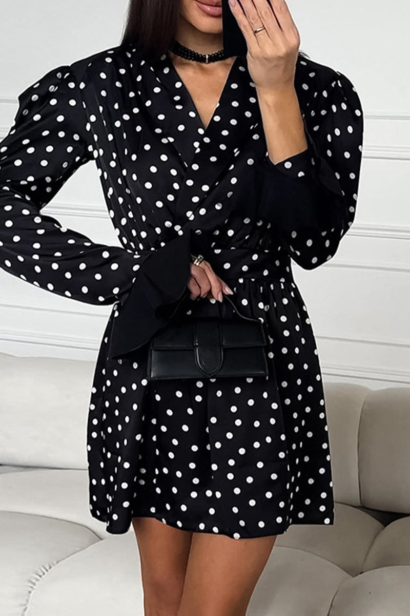 Elegant Polka Dot Contrast V Neck Waist Skirt Dresses