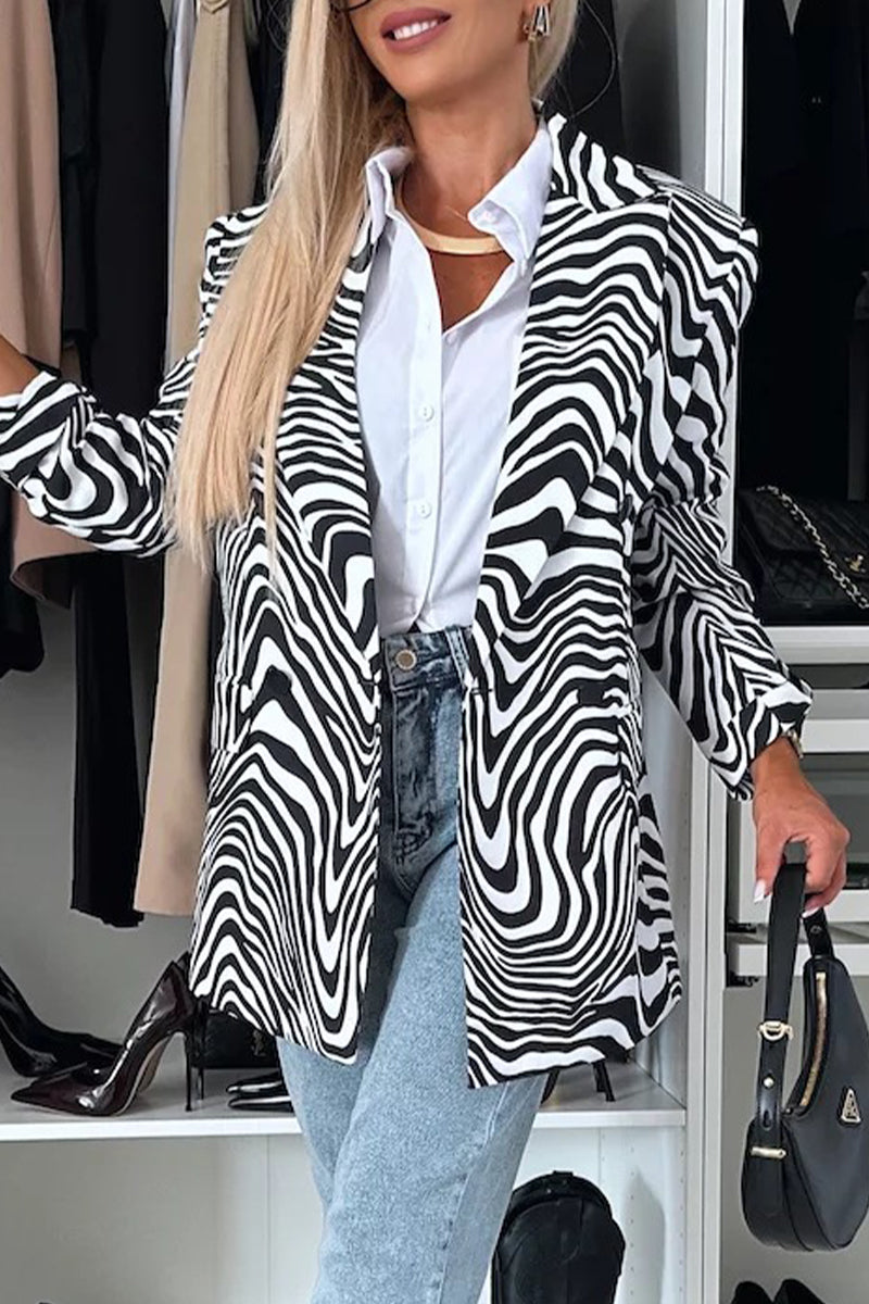 Casual Leopard Print Zebra Print Contrast Turndown Collar Outerwear