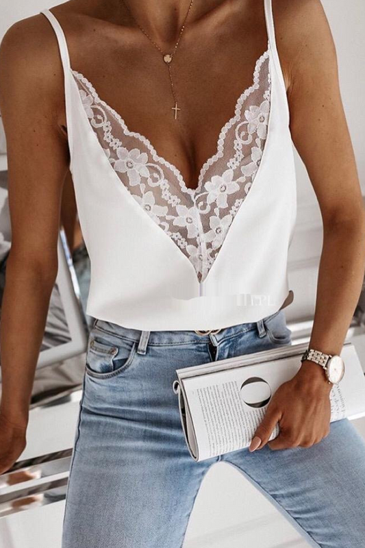 Sexy Solid Color Lace V Neck Tops